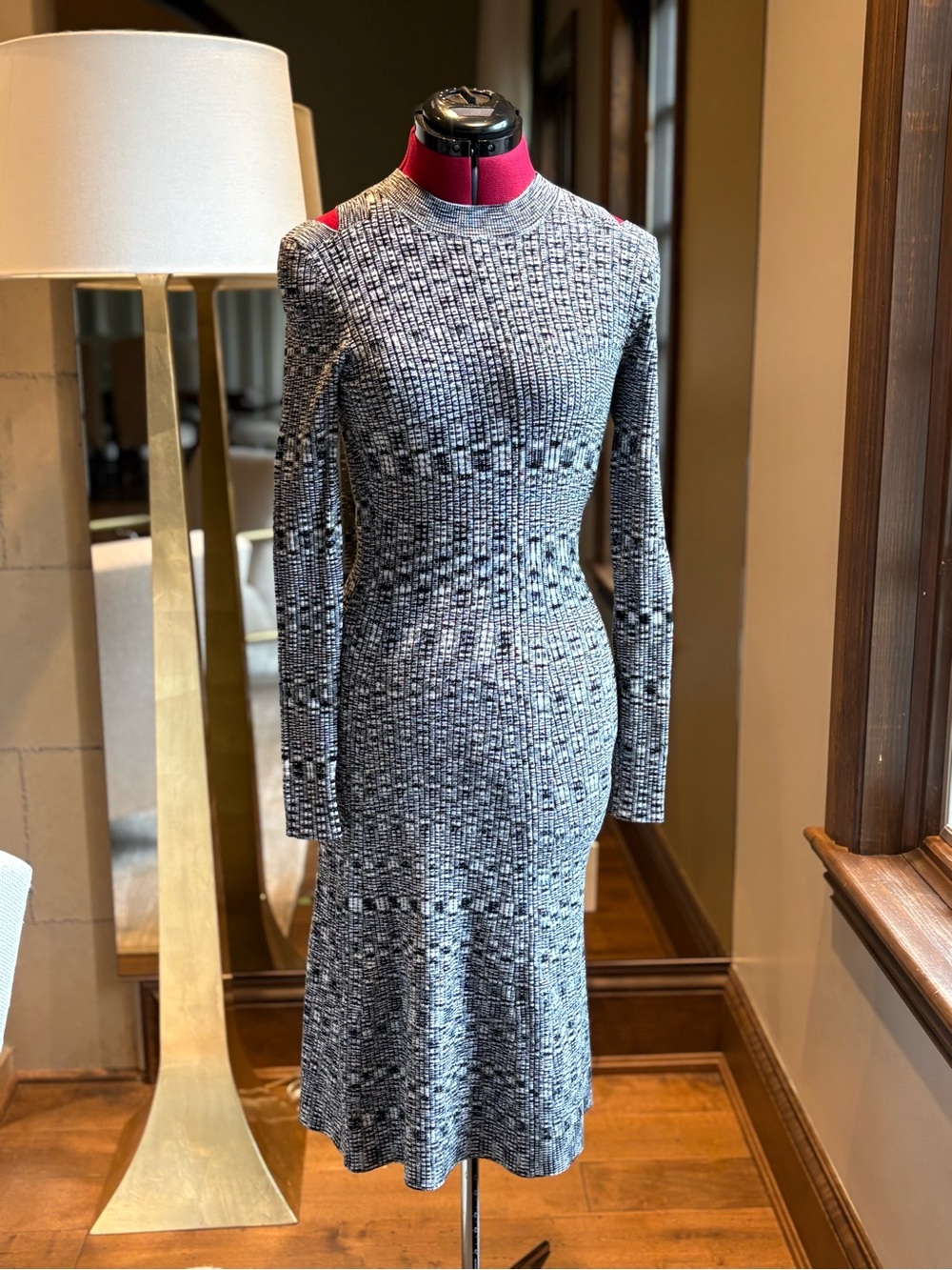 Marciano Black & White Long-Sleeve Knit Midi Dress